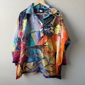 Vintage Dilemma Art to Wear Abstract Picasso Print Blouse Oversized Colorful 90s